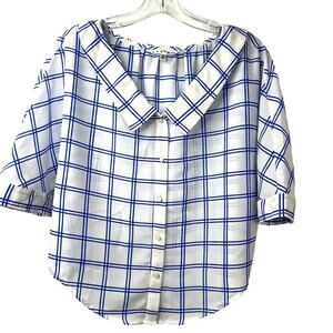 LEDIN Womens Rockabelly Top Blue/White Semi-Sheer Plaid Button Up Cropped Size M